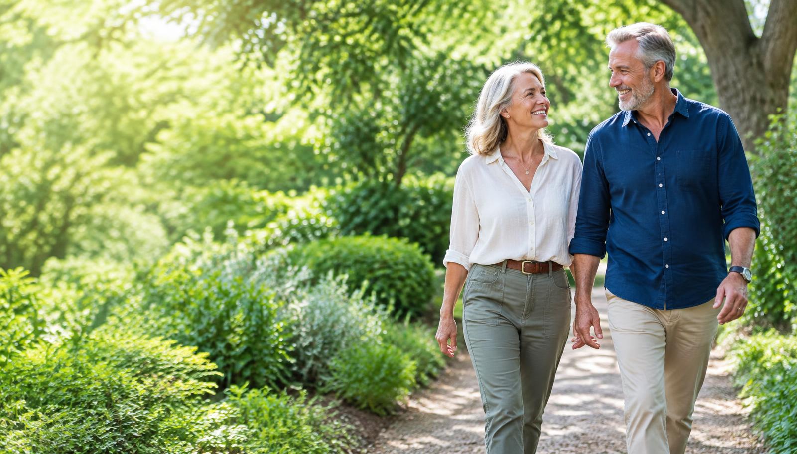 Active mature couple enjoying a walk outdoors